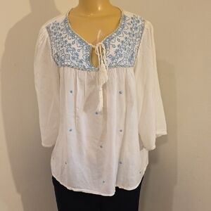 Chic White Blouse with Blue Detailing